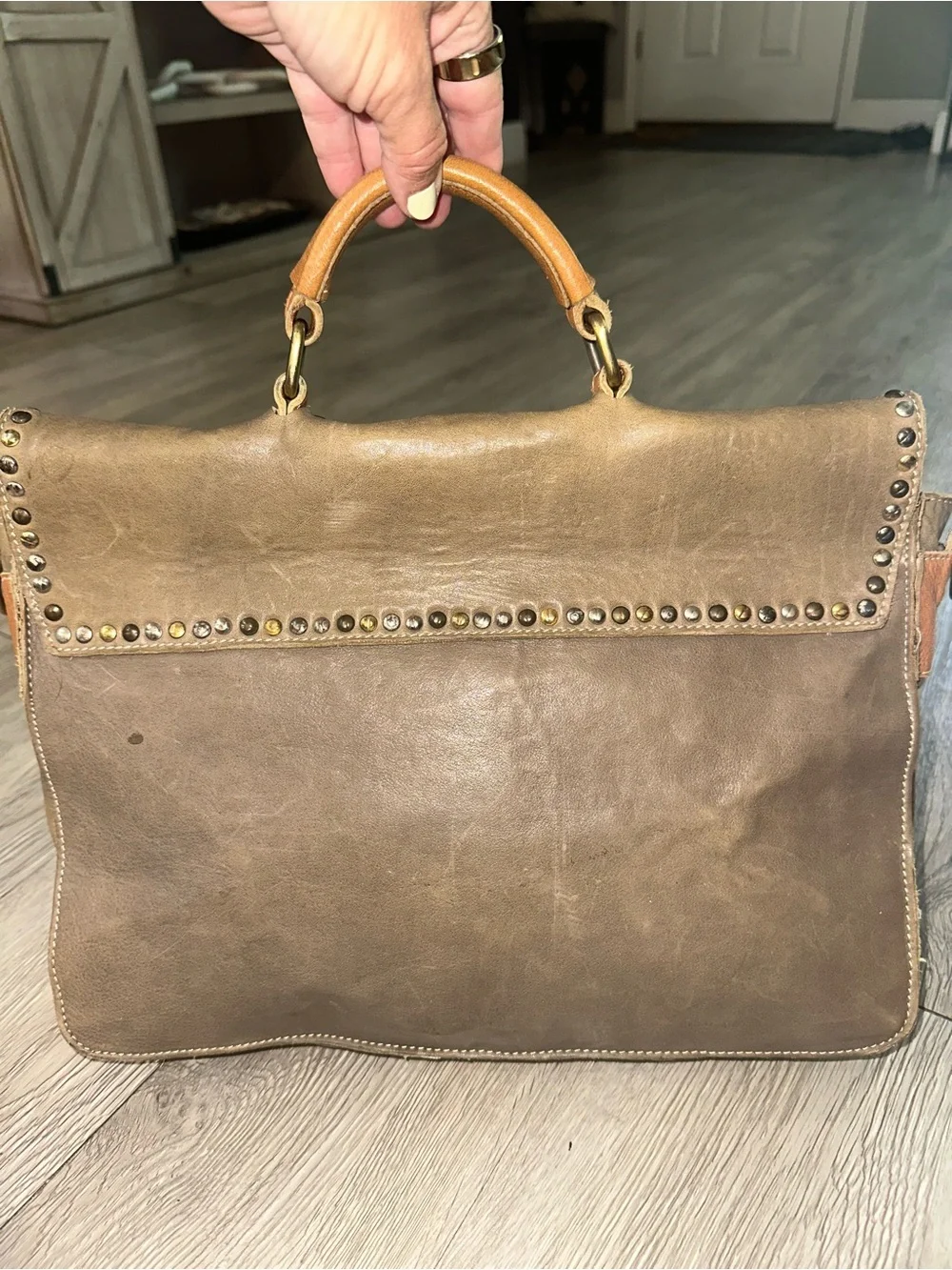 Topelle Distressed Olive Green Leather Satchel Briefcase Laptop Bag